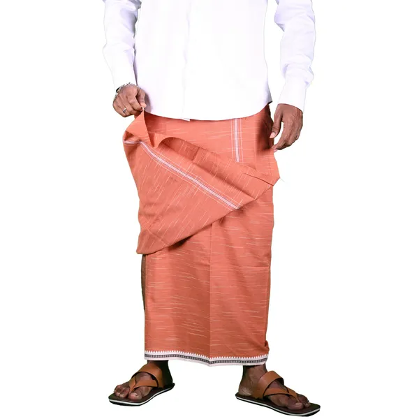 Light_Brown_Cotton_Men'S_Single_Dhoti_With_Border-2Mtrs