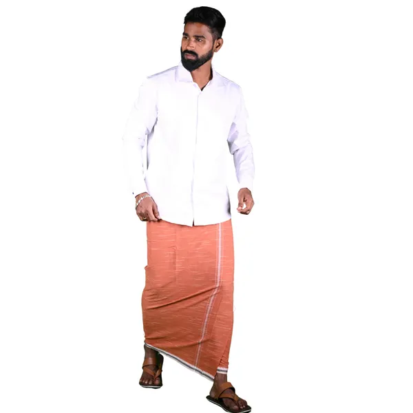 Light_Brown_Cotton_Men'S_Single_Dhoti_With_Border-2Mtrs