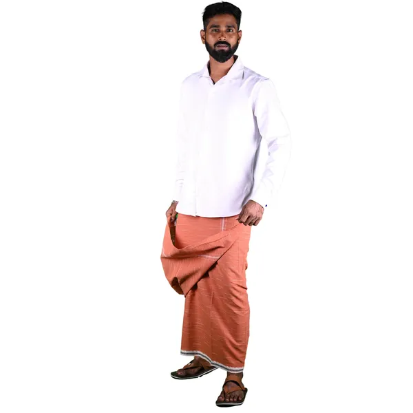 Light_Brown_Cotton_Men'S_Single_Dhoti_With_Border-2Mtrs