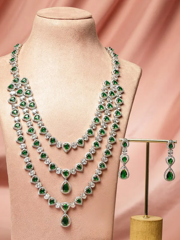 Green_Rhodium-Plated_Multi-Layer_Emerald_&_Cubic_Zirconia_Studded_Statement_Necklace_Set