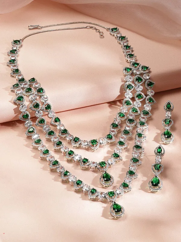 Green_Rhodium-Plated_Multi-Layer_Emerald_&_Cubic_Zirconia_Studded_Statement_Necklace_Set