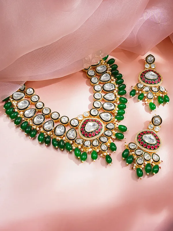 Gold_Plated_Brass_Kundan_Green_Beads_Bridal_Jewellery_Set