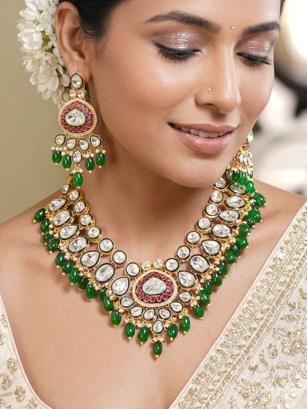 Gold_Plated_Brass_Kundan_Green_Beads_Bridal_Jewellery_Set