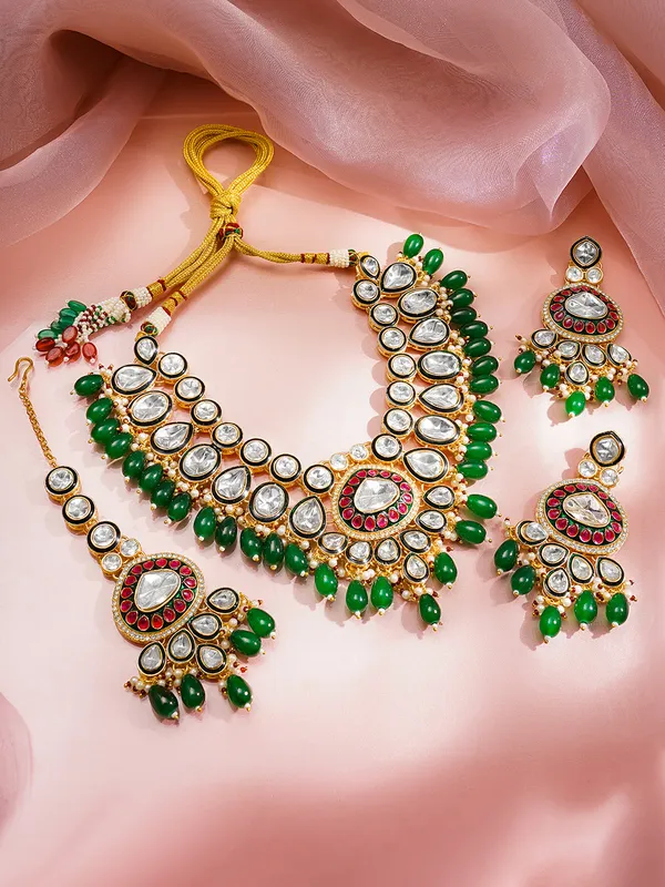 Gold_Plated_Brass_Kundan_Green_Beads_Bridal_Jewellery_Set