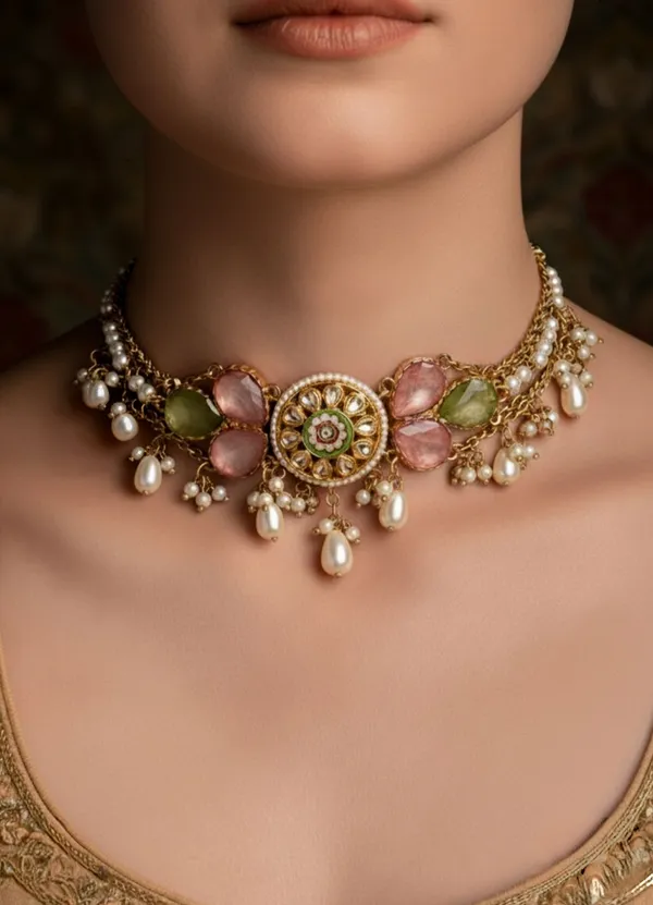 _Tarunima_Freshness_Simple_Graceful_Choker_Necklace_With_Gemstones,_Kundan_And_Pearls