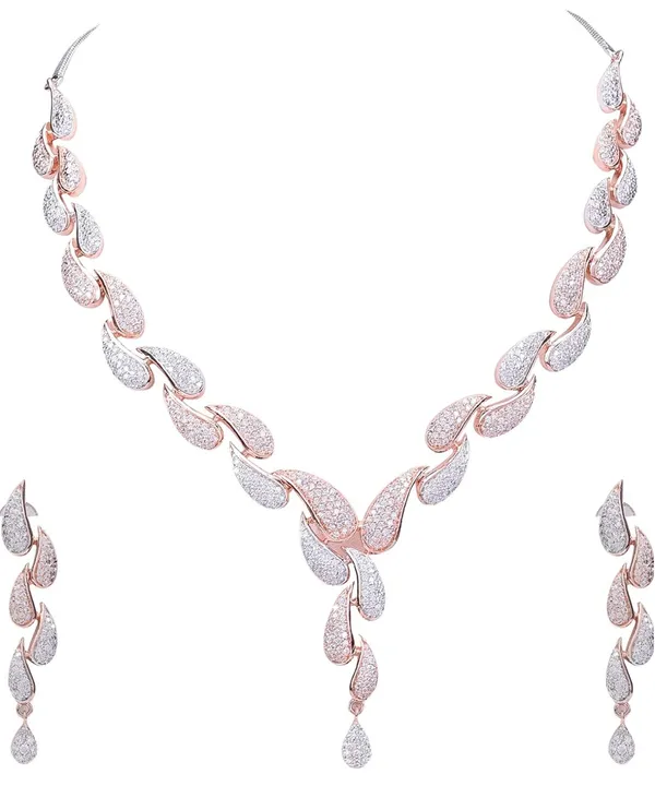 American_Diamond_Cz_Rose_Gold_Plated_Designer_Jewellery_Set/Necklace_Set_With_Chain