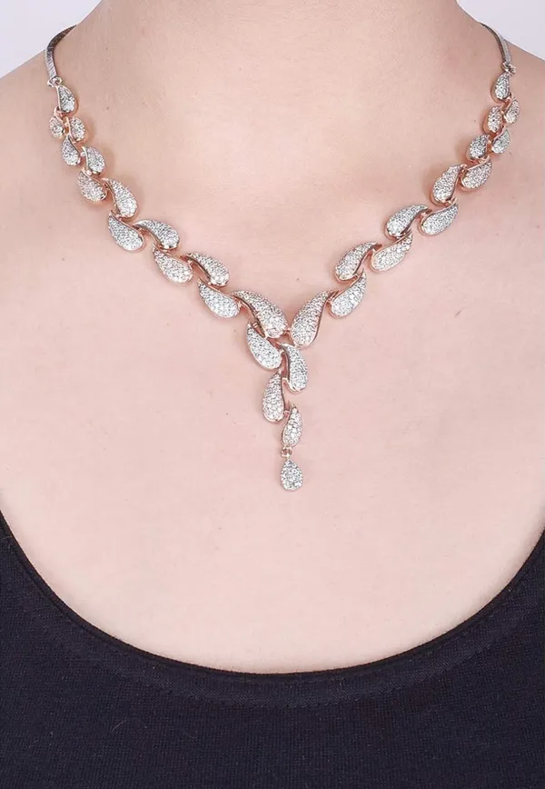 American_Diamond_Cz_Rose_Gold_Plated_Designer_Jewellery_Set/Necklace_Set_With_Chain