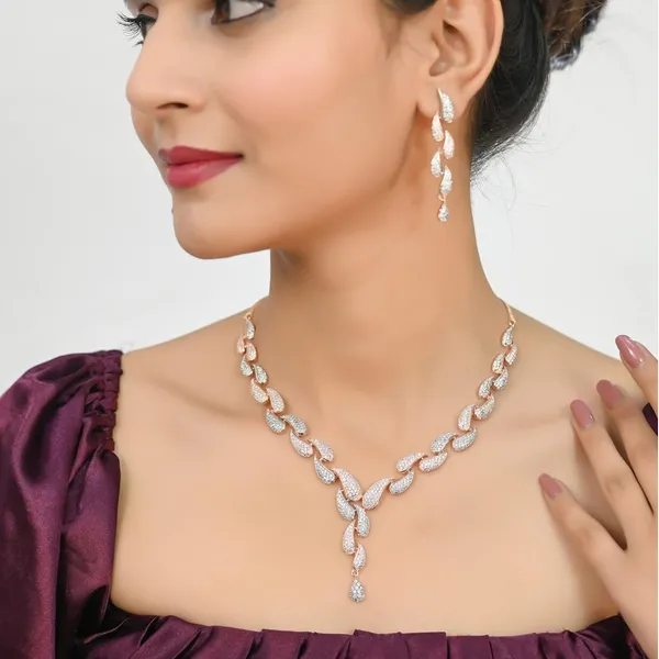 American_Diamond_Cz_Rose_Gold_Plated_Designer_Jewellery_Set/Necklace_Set_With_Chain