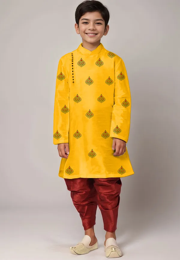 Yellow_Printed_Kurta_With_Dhoti_For_Boy