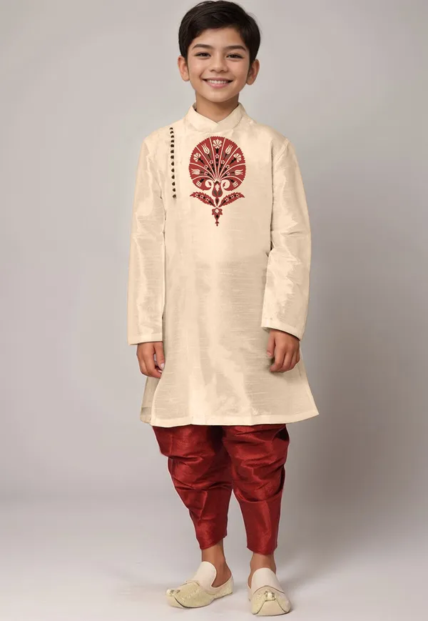 Beige_Printed_Kurta_With_Dhoti_For_Boy