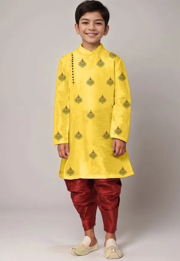 Yellow_Printed_Kurta_With_Dhoti_For_Boy