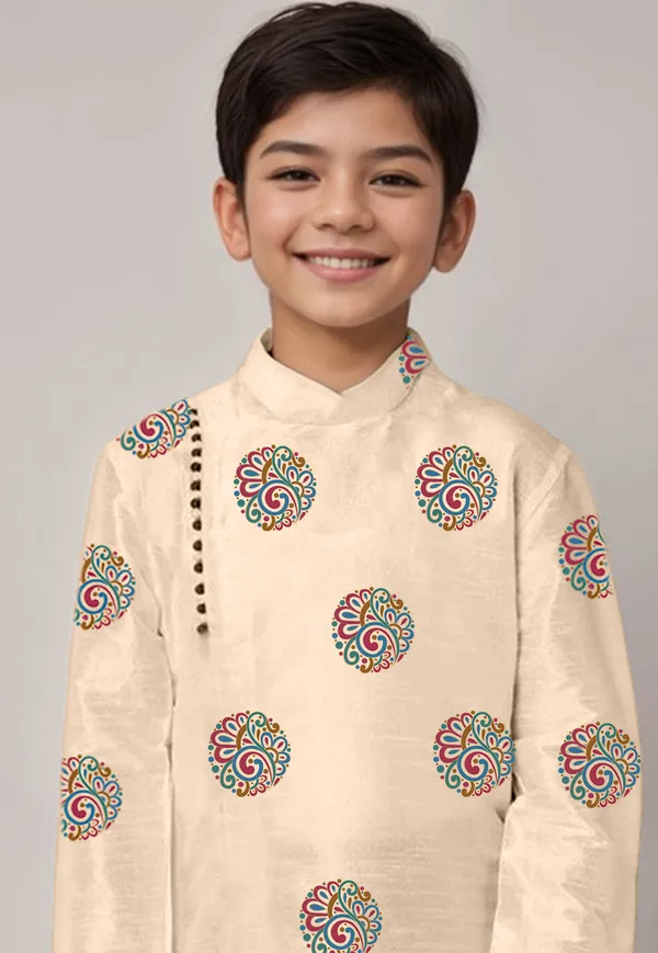 Beige_Printed_Kurta_With_Dhoti_For_Boy