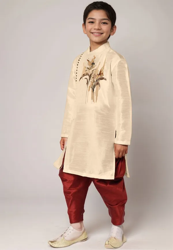 Beige_Printed_Kurta_With_Dhoti_For_Boy