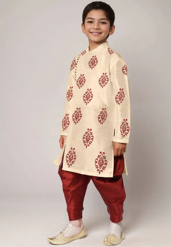 Beige_Printed_Kurta_With_Dhoti_Pants_For_Boy