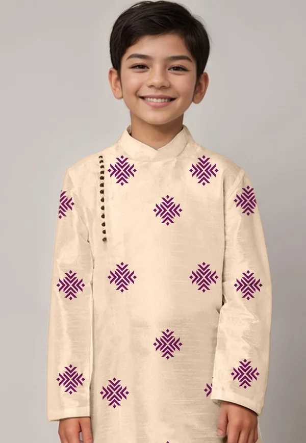 Beige_Printed_Dupion-Silk_Kurta_With_Dhoti_For_Boy