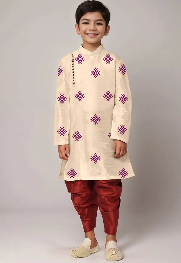 Beige_Printed_Dupion-Silk_Kurta_With_Dhoti_For_Boy