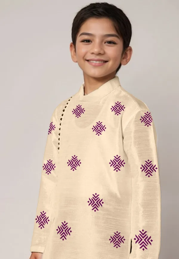 Beige_Printed_Dupion-Silk_Kurta_With_Dhoti_For_Boy