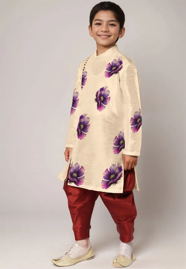 Beige_Printed_Kurta_With_Dhoti_For_Boy