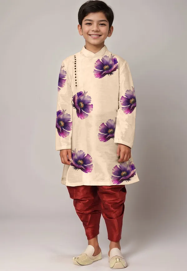 Beige_Printed_Kurta_With_Dhoti_For_Boy