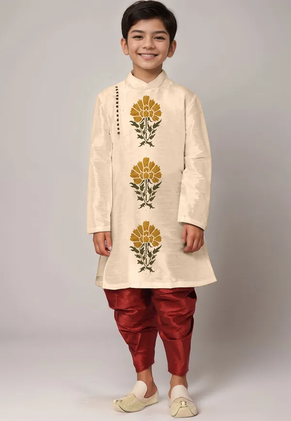 Beige_Printed_Kurta_With_Dhoti_For_Boy
