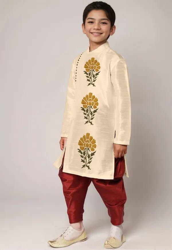 Beige_Printed_Kurta_With_Dhoti_For_Boy