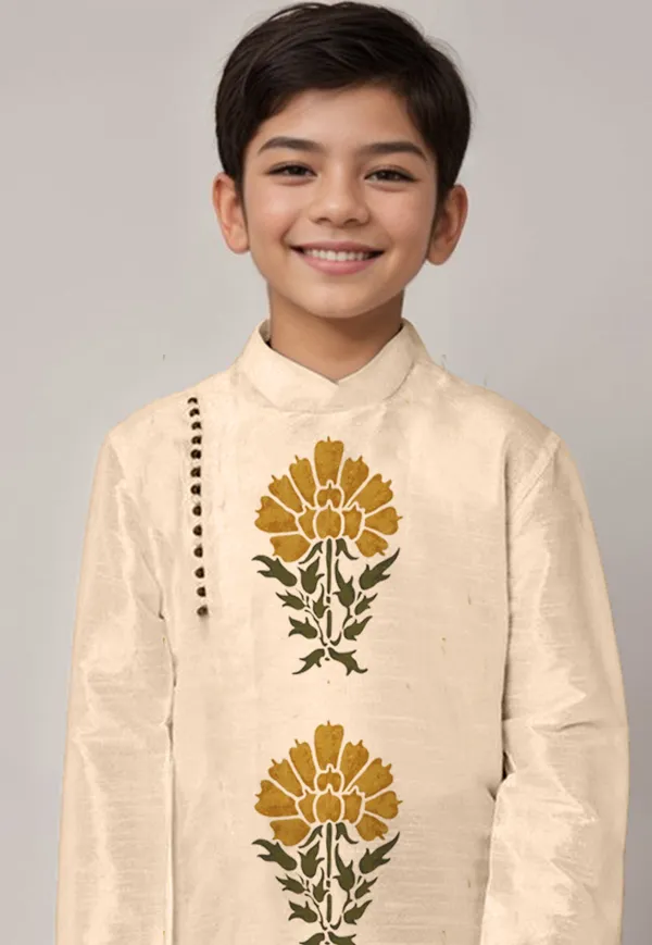 Beige_Printed_Kurta_With_Dhoti_For_Boy