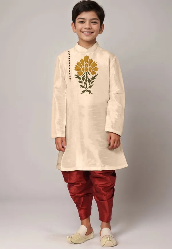 Beige_Printed_Kurta_With_Dhoti_For_Boy