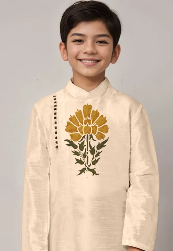 Beige_Printed_Kurta_With_Dhoti_For_Boy