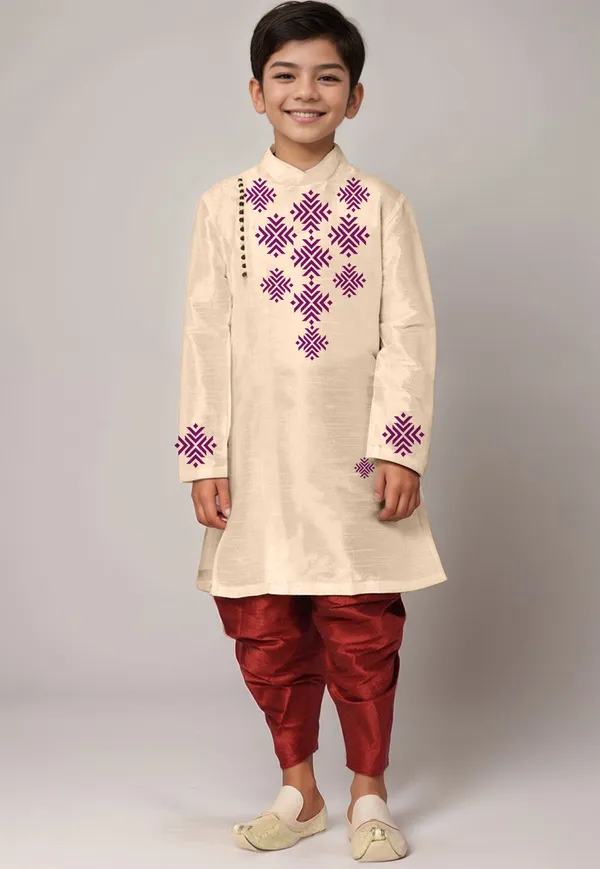 Beige_Printed_Kurta_With_Dhoti_For_Boy