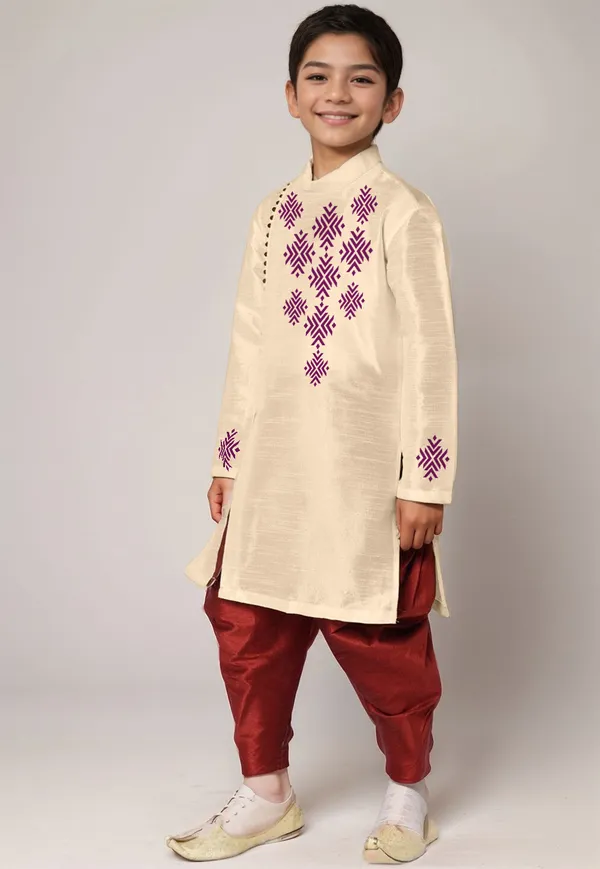 Beige_Printed_Kurta_With_Dhoti_For_Boy