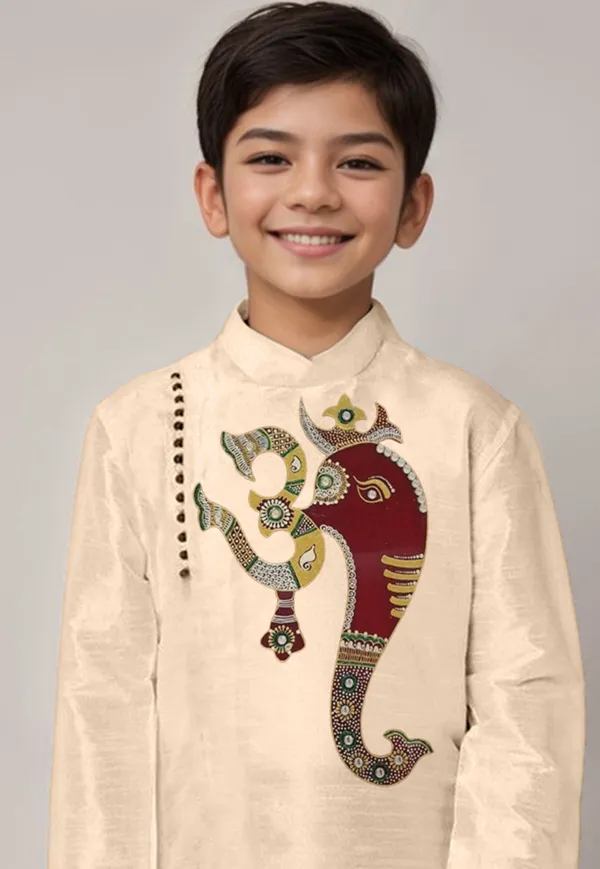 Beige_Printed_Kurta_With_Dhoti_For_Boy