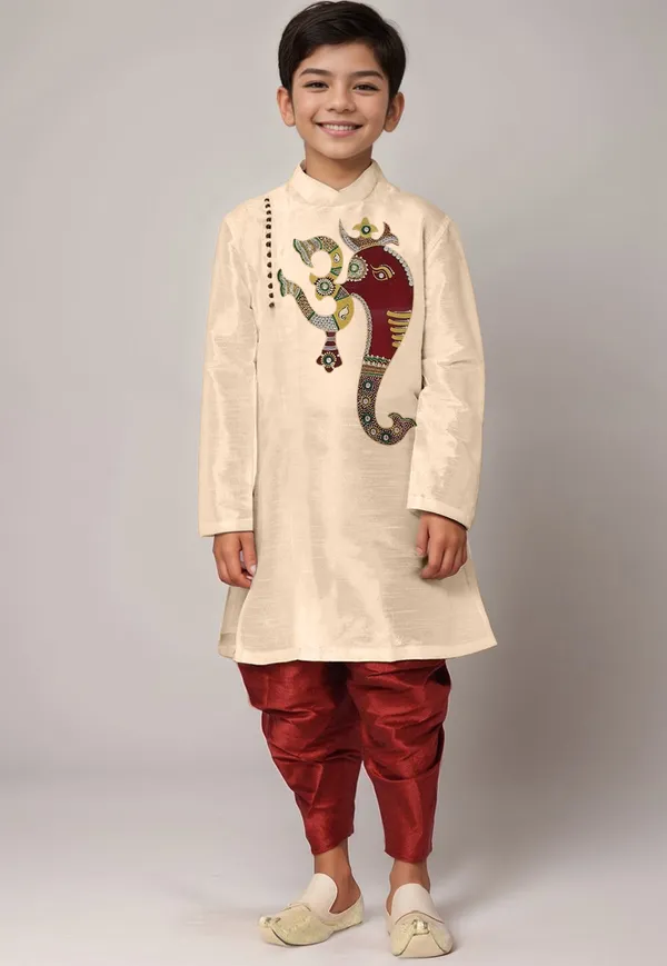Beige_Printed_Kurta_With_Dhoti_For_Boy