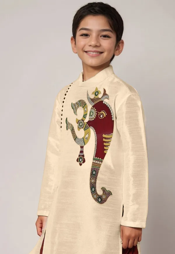 Beige_Printed_Kurta_With_Dhoti_For_Boy