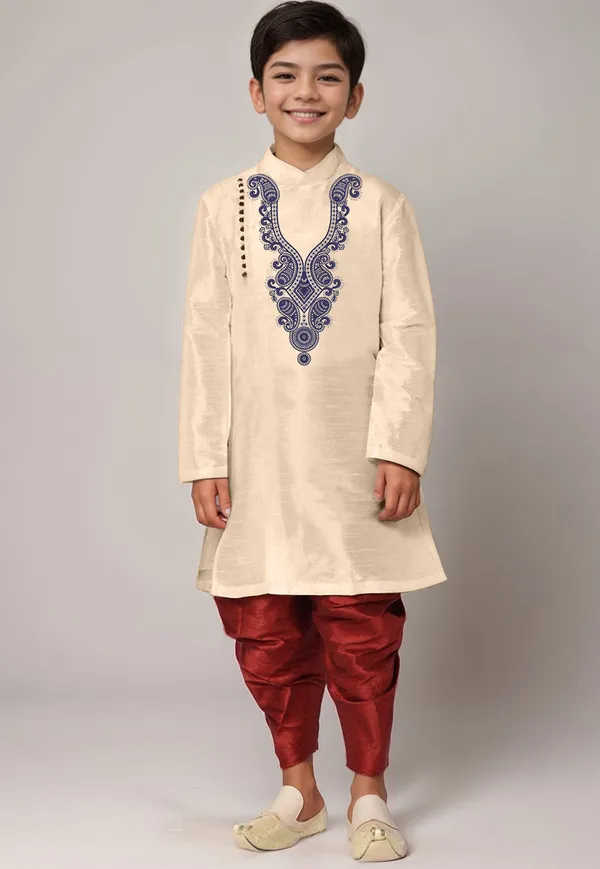 Beige_Printed_Kurta_With_Dhoti_For_Boy