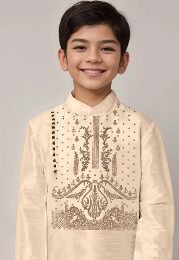 Beige_Printed_Kurta_With_Dhoti_For_Boy