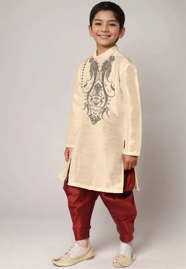 Beige_Printed_Kurta_With_Dhoti_For_Boy