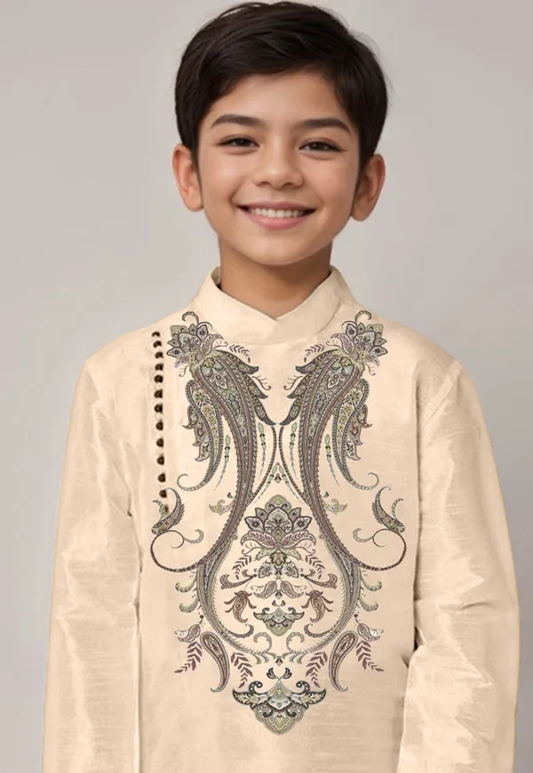 Beige_Printed_Kurta_With_Dhoti_For_Boy