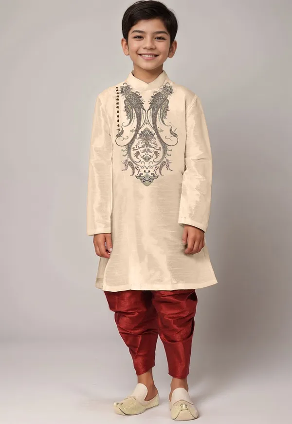 Beige_Printed_Kurta_With_Dhoti_For_Boy