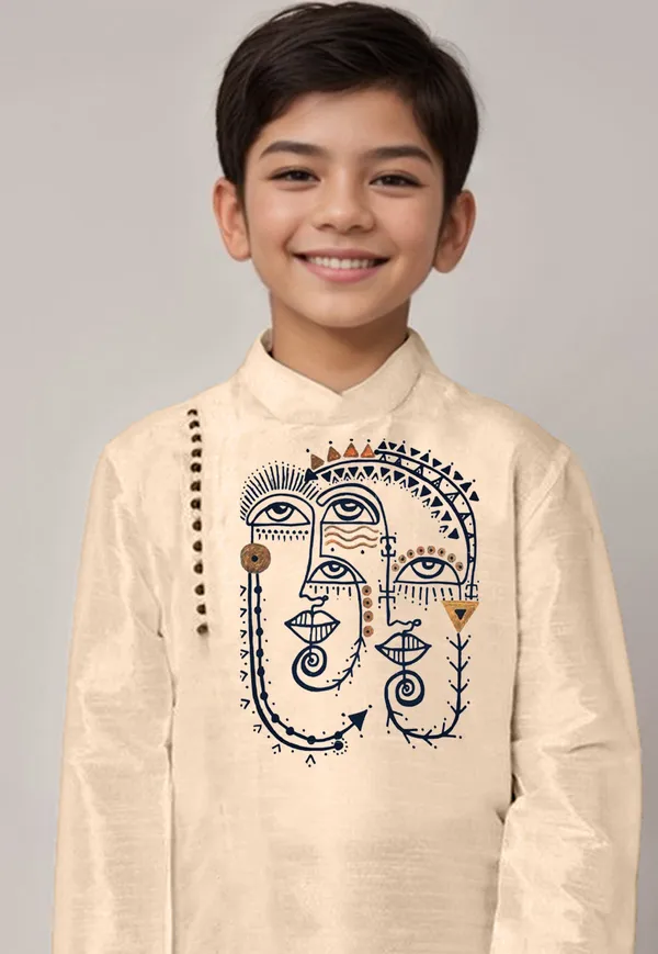 Beige_Printed_Kurta_With_Maroon_Dhoti._For_Boy