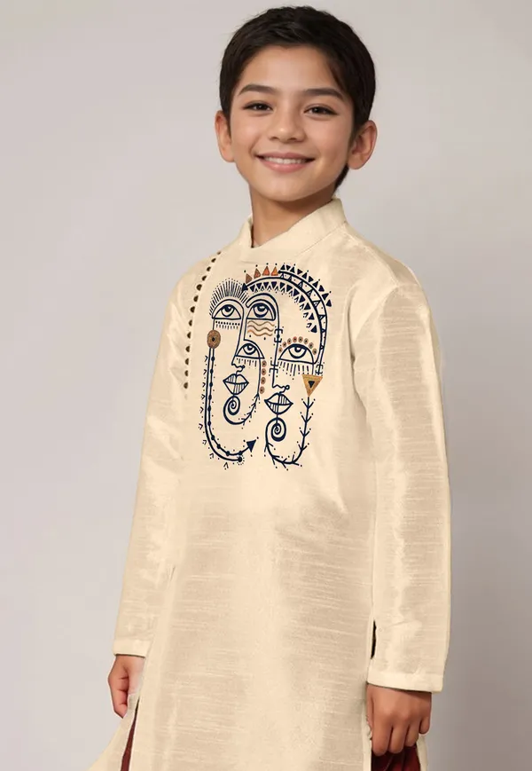 Beige_Printed_Kurta_With_Maroon_Dhoti._For_Boy