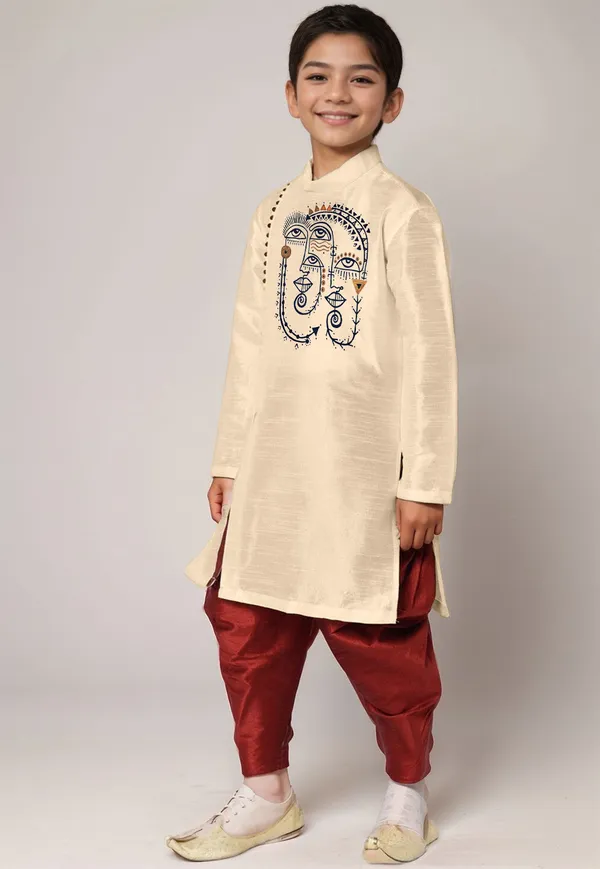 Beige_Printed_Kurta_With_Maroon_Dhoti._For_Boy