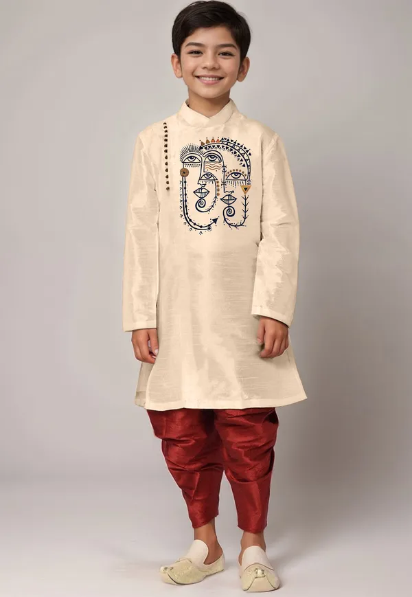 Beige_Printed_Kurta_With_Maroon_Dhoti._For_Boy