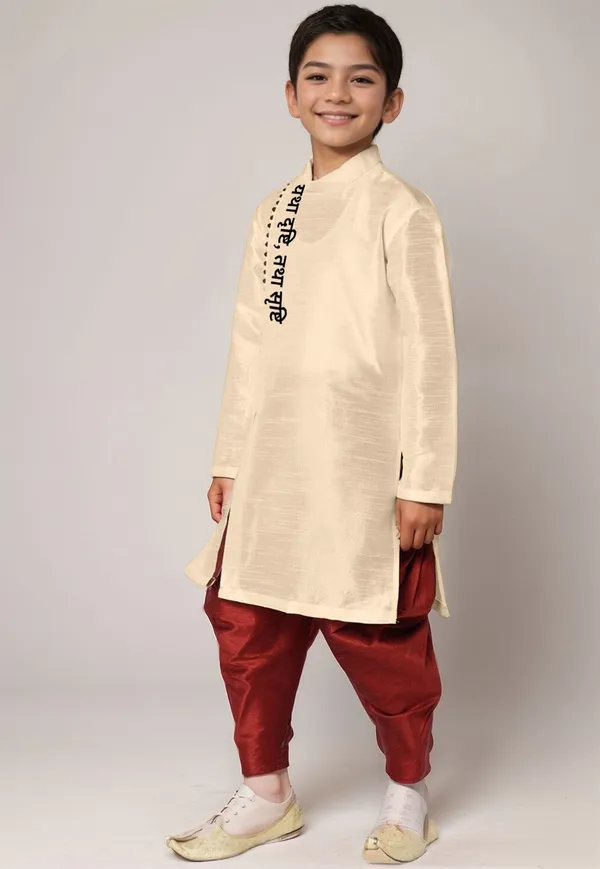 Beige_Printed_Kurta_With_Dhoti_For_Boy