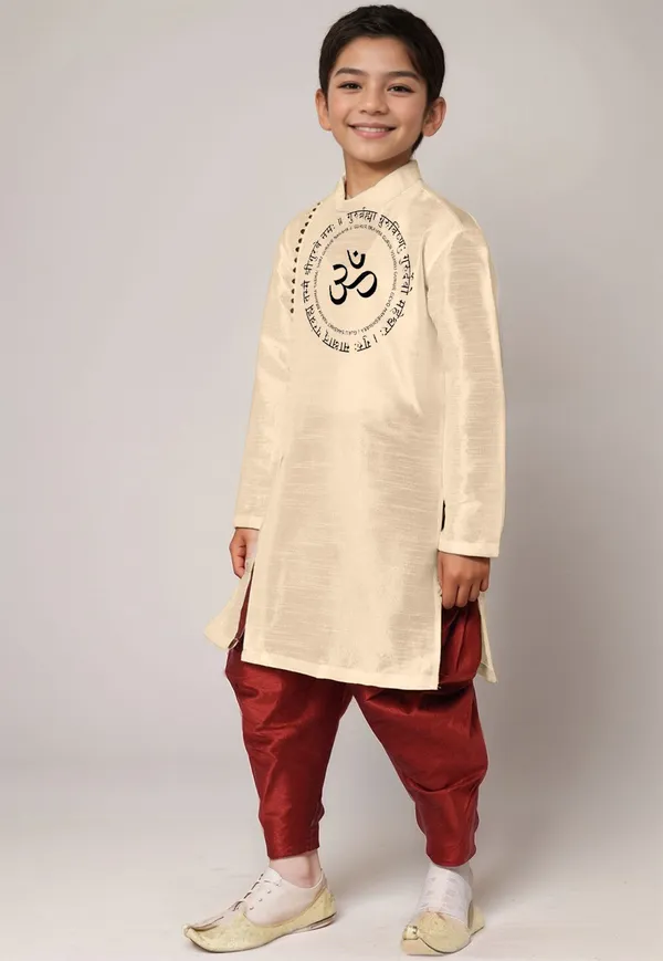 Beige_Printed_Kurta_With_Dhoti_For_Boy