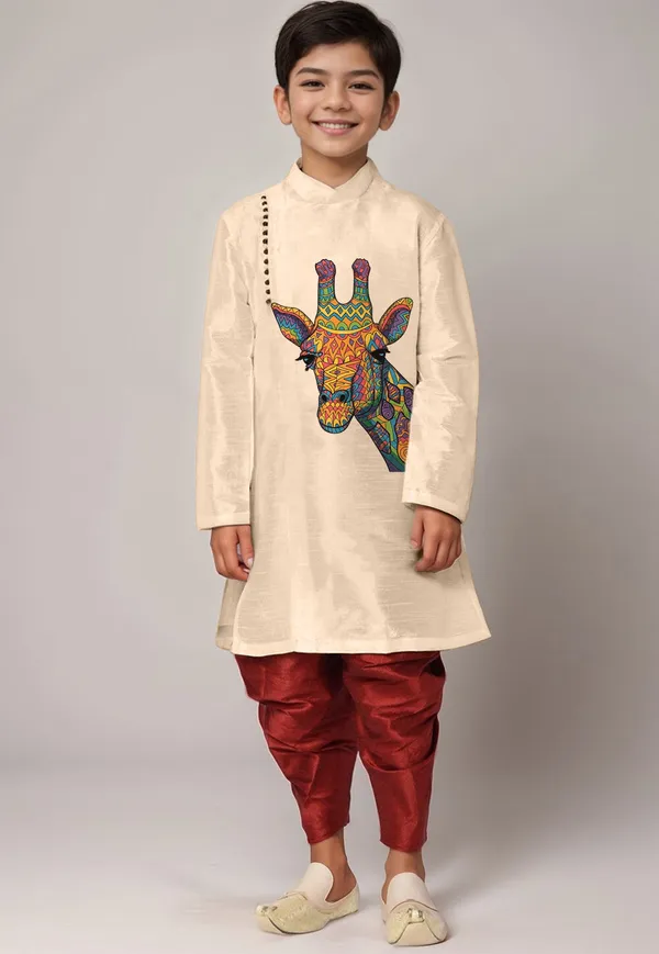 Beige_Printed_Kurta_With_Dhoti_For_Boy