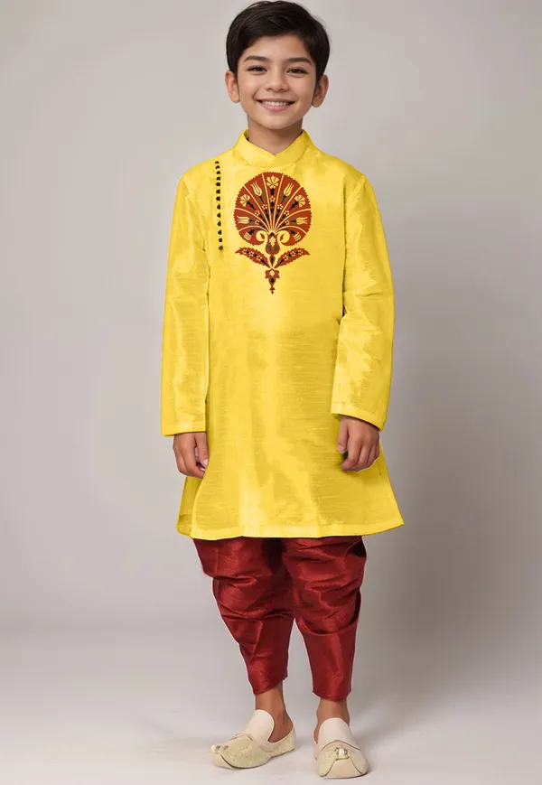 Yellow_Printed_Kurta_With_Dhoti_For_Boy
