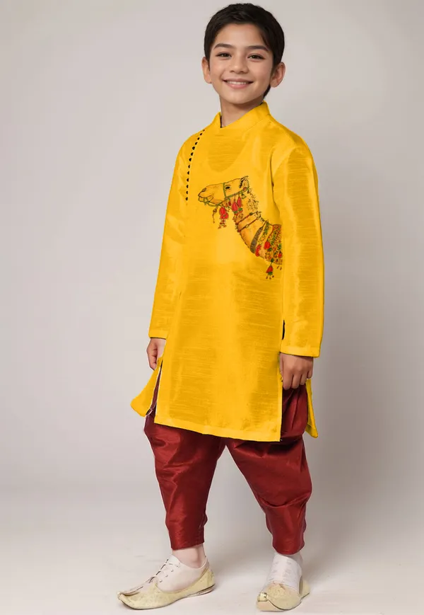 Yellow_Printed_Kurta_With_Dhoti_For_Boy