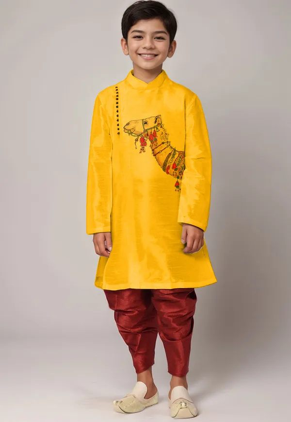 Yellow_Printed_Kurta_With_Dhoti_For_Boy
