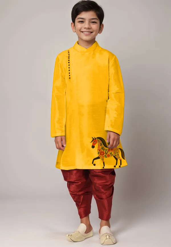 Yellow_Printed_Kurta_With_Dhoti_For_Boy