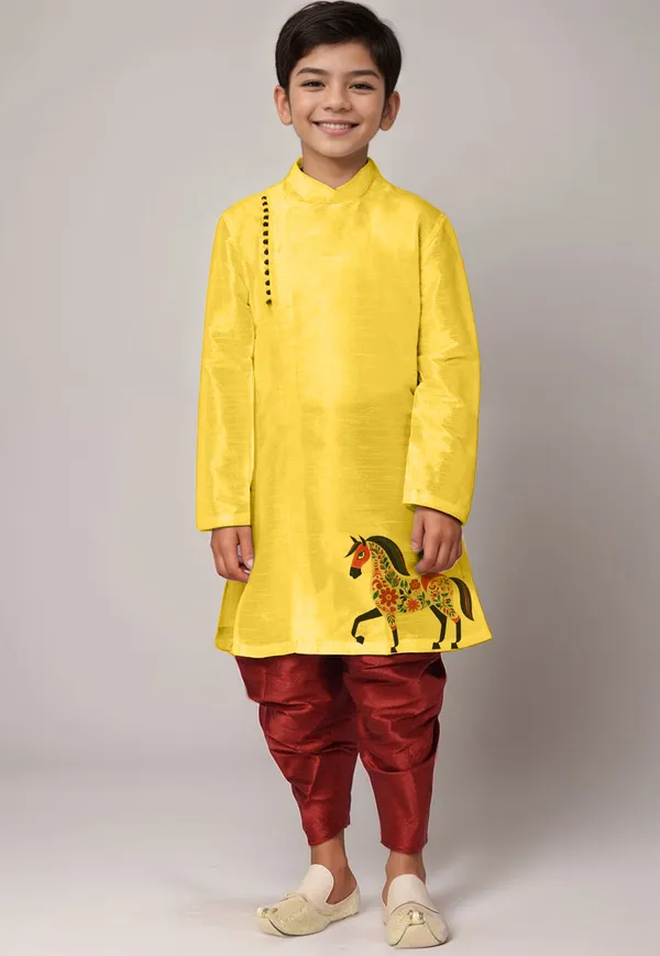 Yellow_Printed_Kurta_With_Dhoti_For_Boy
